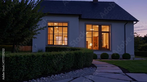 A contemporary farmhouse featuring a stoned path guiding visitors to the entrance, illuminated by the soft glow of twilight