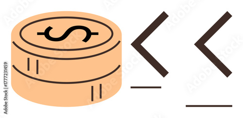 Stack of coins with dollar sign and two bold arrows pointing right, symbolizing savings, investment, cash flow, or economic progress. Ideal for finances, banking, budget, profit trade economics