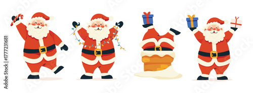 Santa Claus, a set of Christmas characters. Santa is dancing with gifts, stuck in a fireplace, and carrying sweets. Flat vector illustration isolated on a white background.