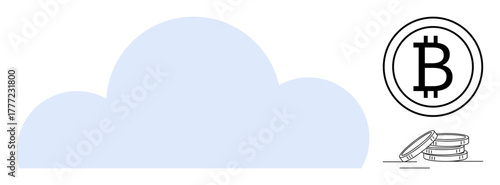 Blue cloud with cryptocurrency coin stack and Bitcoin logo highlighting secure digital storage. Ideal for blockchain, fintech, cloud technology, e-commerce, digital finance, crypto investments