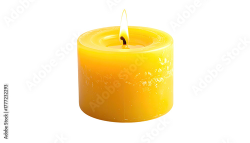 Lit yellow candle against black. Soft glow, short round form