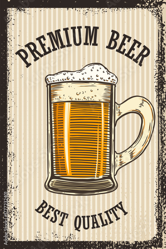 Vintage beer poster illustration. A large, frothy beer mug is centered on a dramatic orange sunburst background, highlighted by a wheat ear and grunge texture.