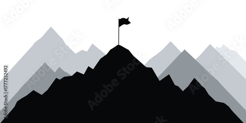Flag on mountain peak vector illustration success achievement challenge concept