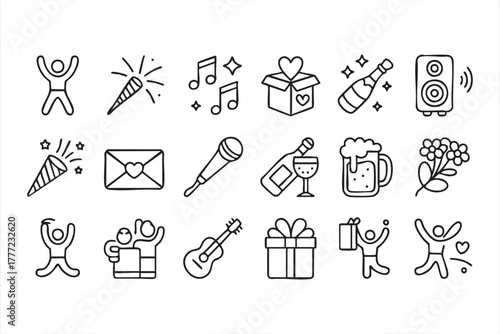 Black and white celebration and party line icons for event and festival design
