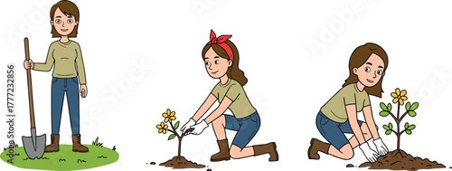 Flower planting process illustration, gardening steps, man with shovel, planting flower in soil, covering roots, horticulture education, outdoor activity, nature care