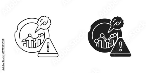 Business analytics chart with warning sign and speech bubble icon, representing financial risk or data error