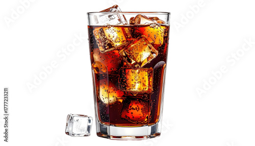 Fizzy cola drink with ice cubes in glass against black