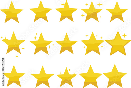Golden star rating icons, shiny sparkling stars, feedback evaluation symbols, review quality rating, customer satisfaction, five star ranking, glowing award