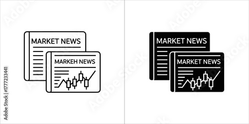 Two market news icons, one outline and one filled, showing stock chart and financial data