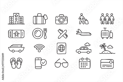 Black and white travel and vacation line icons for tourism and adventure design