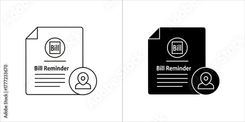 Bill reminder icon with location pin, outline and solid versions