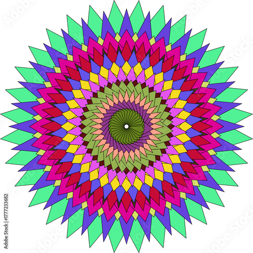 Colorful abstract circular pattern with radiating diamond shapes creating a psychedelic kaleidoscopic effect on a white background