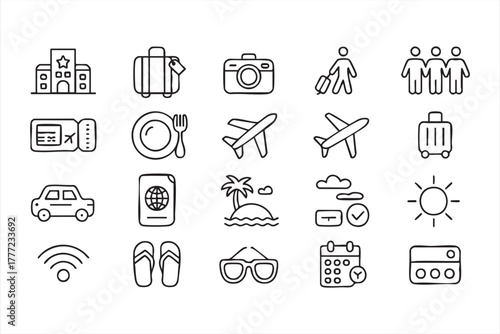 Clean outline icons representing tourism, vacation, and adventure themes