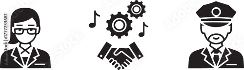 Businesswoman handshake and police officer icons with gears and music Notes Keywords