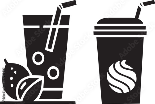 Drink icons with fruit and whipped cream beverage juice