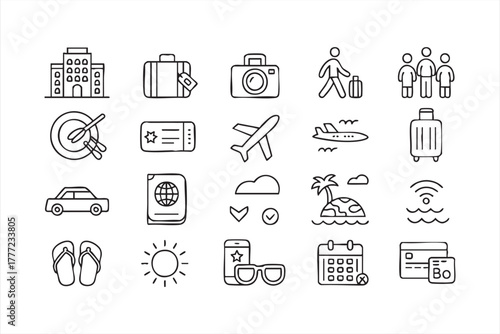 Modern black line travel icon collection for branding and travel website design