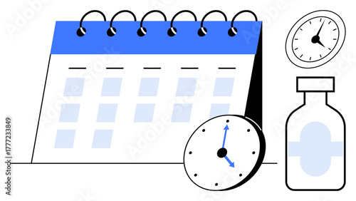 Spiral-bound calendar with marked days, clock showing time, and medicine bottle emphasizing scheduling, punctuality, planning, health care, deadlines, routine and medical adherence. Minimalist flat