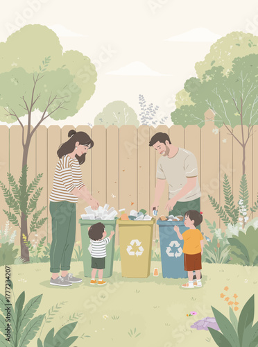 An illustration of a young family working together to sort trash into recycling bins in their green backyard, teaching children about sustainability