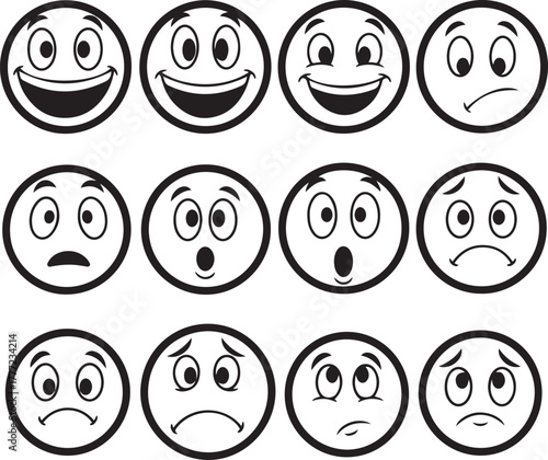 Twelve Different Cartoon Face Emoticons Expressing Emotions