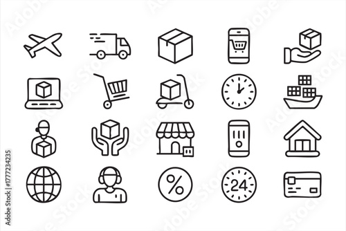 Modern line art pack of shipping, payment, and order management icons