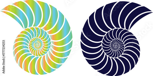Two Nautilus Shell Spirals One Rainbow Gradient One Dark Blue Keywords: nautilus, shell, spiral