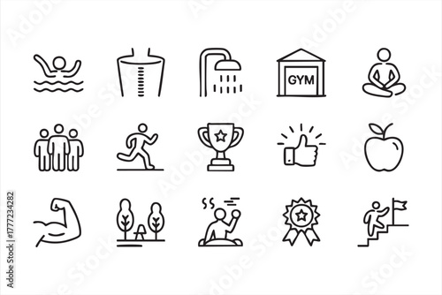 Black and white fitness and wellness line icons for gym and health design