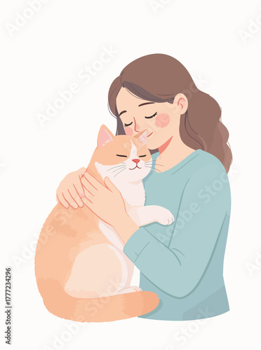 Tender illustration of a woman lovingly hugging her ginger cat, embodying the heartwarming bond of deep affection and companionship between a pet owner and her cherished feline friend