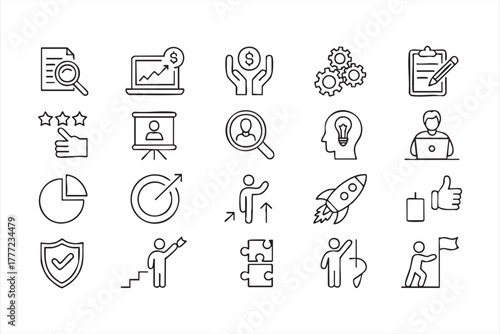 Black and white business and strategy line icons for corporate and startup design