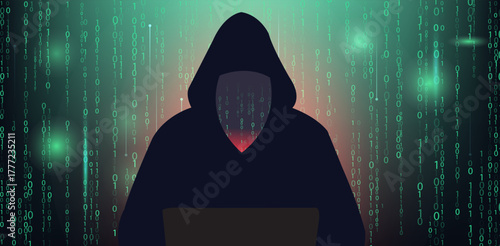 Dark Hacker Silhouette with Digital Binary Code 0, 1
