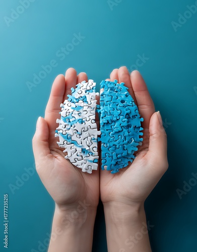 Hands holding a puzzle shaped like a brain split into blue and white