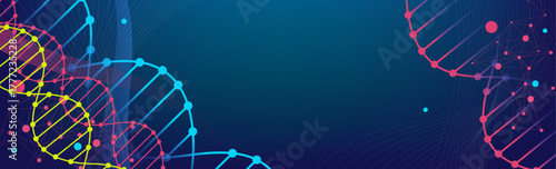 Vibrant abstract DNA double helix structures with interconnected dots and lines against a dark blue background, symbolizing genetics, science, and biotechnology research.
