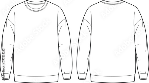 Long sleeve crewneck sweatshirt flat sketch, fashion technical drawing, apparel design template, vector clothing outline, ribbed cuffs hem neckline, unisex garment illustration