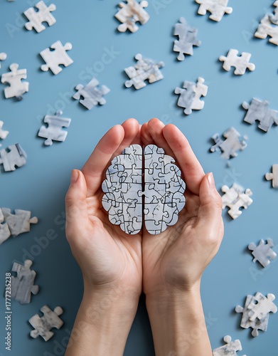 Hands holding puzzle piece shaped like a brain on blue background