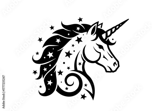 A powerful black unicorn's head in a graphic stencil style, featuring a flowing mane and neck adorned with a galaxy of stars and a crescent moon accent