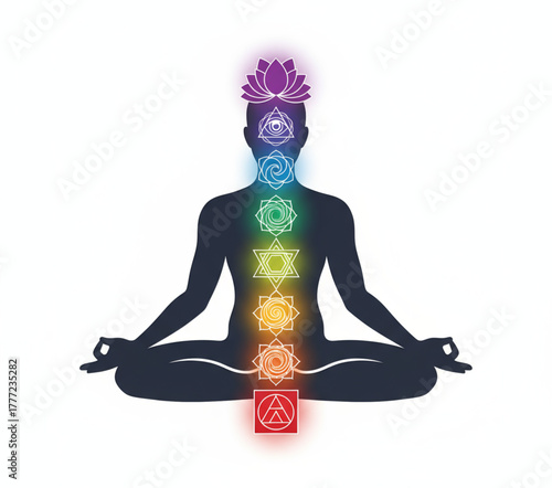 Human silhouette meditating with glowing energy chakras aligned along the spine, symbolizing spiritual wellness, inner balance, and the body's subtle energy system
