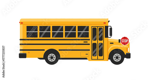 Side profile vector illustration of a classic yellow American school bus with a stop sign, isolated on a white background.