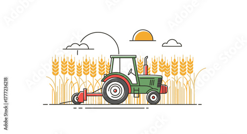 Illustration of a green tractor in a wheat field under a bright sun.