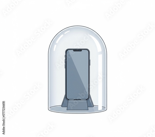 Smartphone securely displayed under a clear glass dome, symbolizing protection, digital detox, or isolation from constant connectivity and distractions