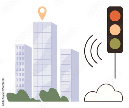 Modern cityscape with tall skyscrapers, traffic light with wireless signal, geolocation marker, and greenery. Ideal for urban planning, smart technology, transportation, IoT, modern living