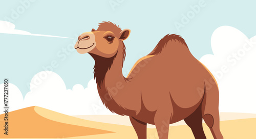 A smiling cartoon camel stands gracefully in a sunny desert landscape with sand dunes and a clear blue sky.