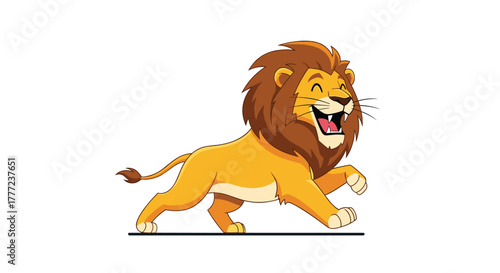 Joyful cartoon lion with a majestic brown mane and a wide, happy grin running playfully across a clean white background.