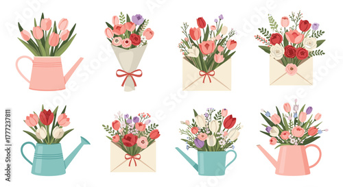 Lovely collection of spring flower arrangements, featuring colorful bouquets, delicate flowers in envelopes, and charming watering can displays.