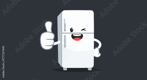 A cheerful cartoon refrigerator character winks and gives a thumbs-up, conveying approval and satisfaction.