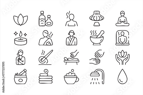 Black and white spa and wellness line icons for relaxation and self-care design