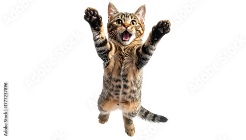 Jumping tabby cat with striped fur, open mouth, paws up