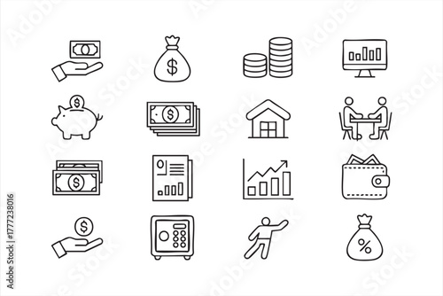 Black and white finance and investment line icons for business and economy design
