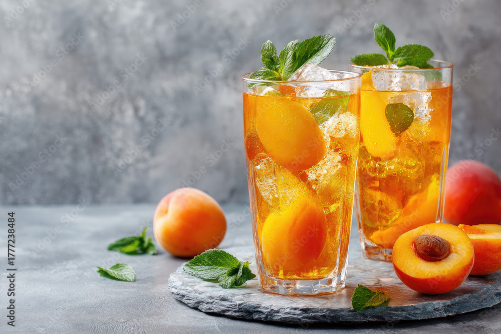 Fototapeta premium Ice peach tea or cocktail with mint and apricots, a recipe for a refreshing summer drink. Two glasses with peach fruit lemonade on light table, detox diet and weight loss concept, menu for restaurant