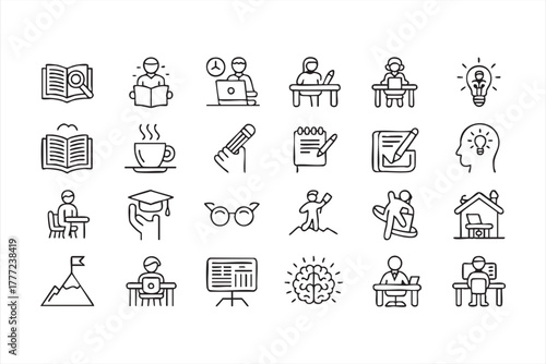 Black and white education and learning line icons for academic and school design
