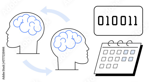 Two profiles with connected brains, binary data, and a calendar emphasize knowledge sharing, technology, and time management. Ideal for teamwork, productivity, planning, innovation digital