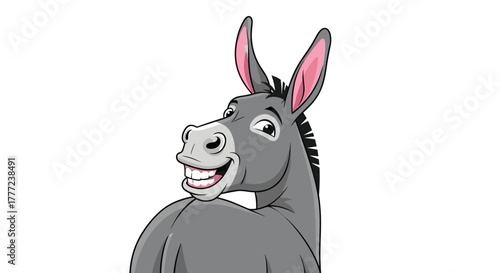 A cheerful cartoon donkey with a big smile and bright pink ears peeks from the side, isolated on a white background, exuding a friendly and humorous vibe.